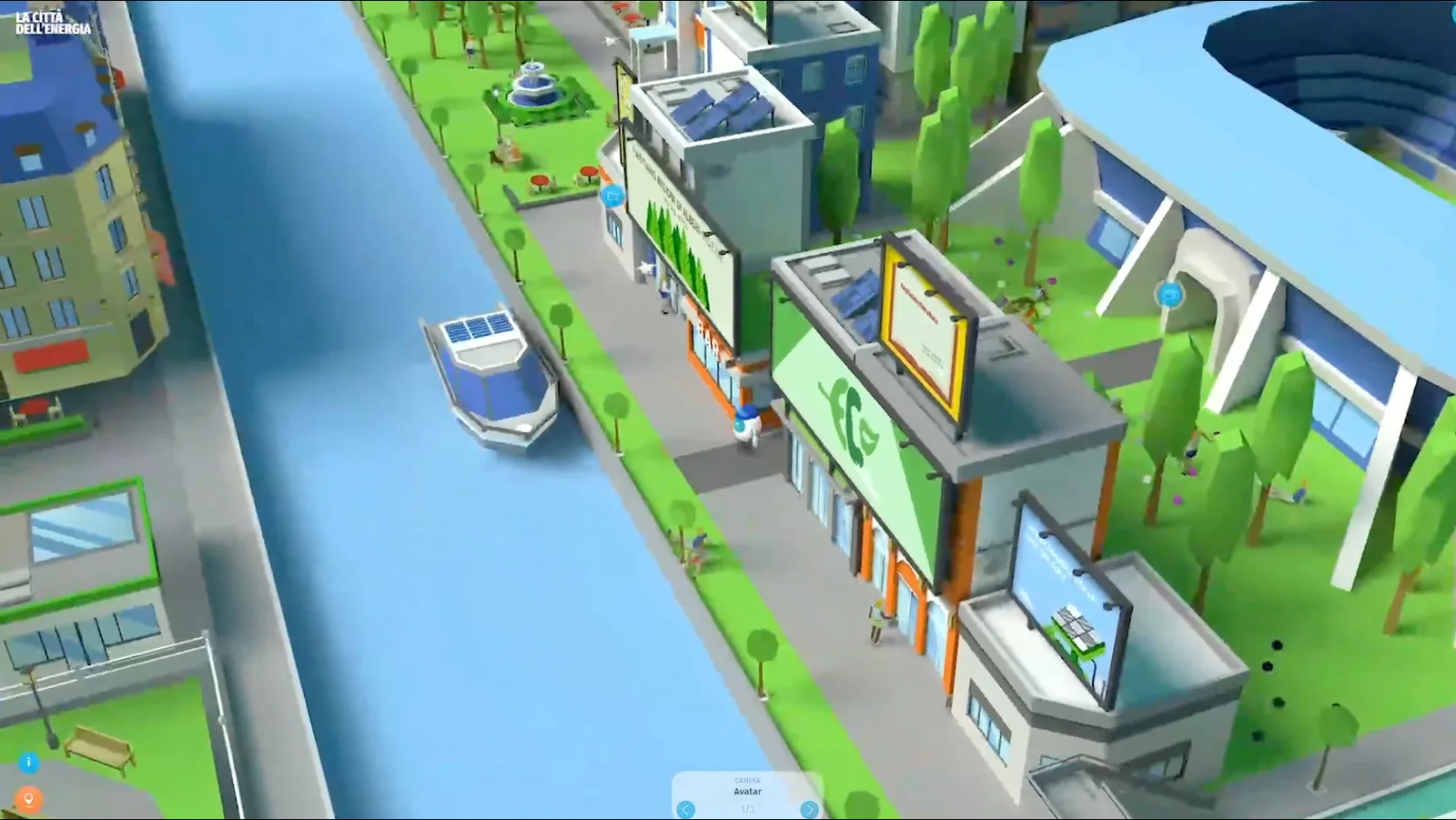 A quarter seen at camera height, with shopfronts, signage panels, a canal and a boat, and a small UI pill near the avatar.