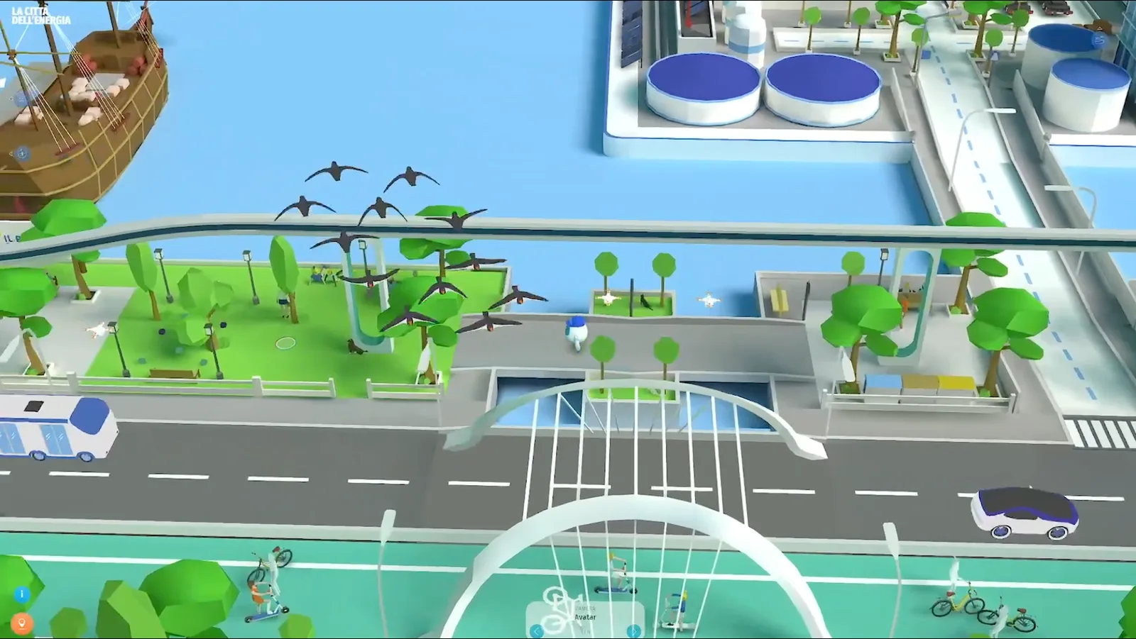 Street level inside a quarter: a road along the water, trees, a bridge and small hotspot markers on the buildings.