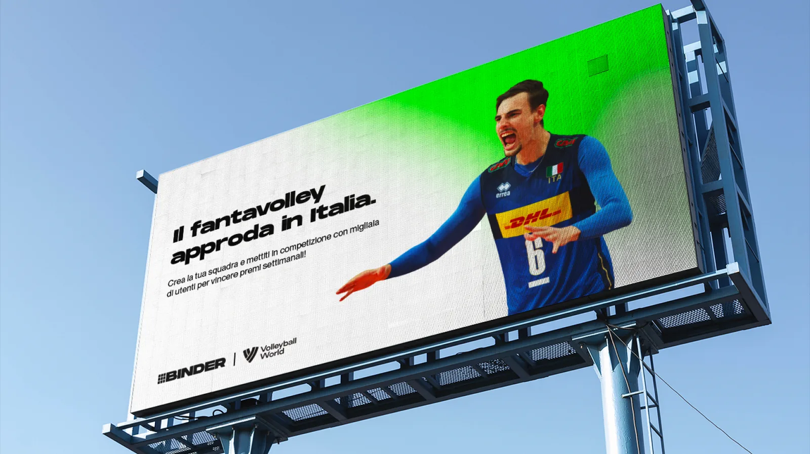 Billboard mock-up reading Il fantavolley approda in Italia, co-branded Binder and Volleyball World.