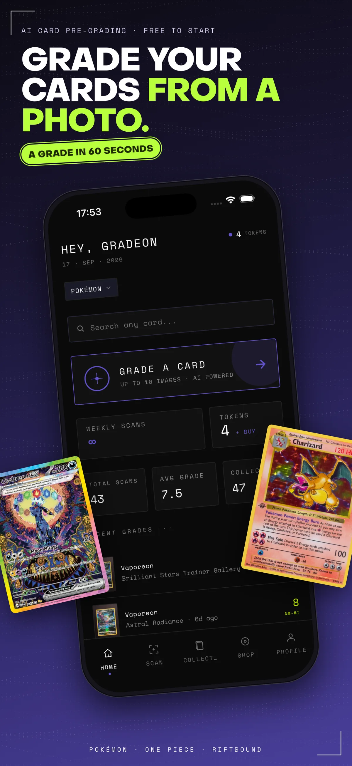 App Store screenshot: the Gradeon hero, grade your cards from a photo.