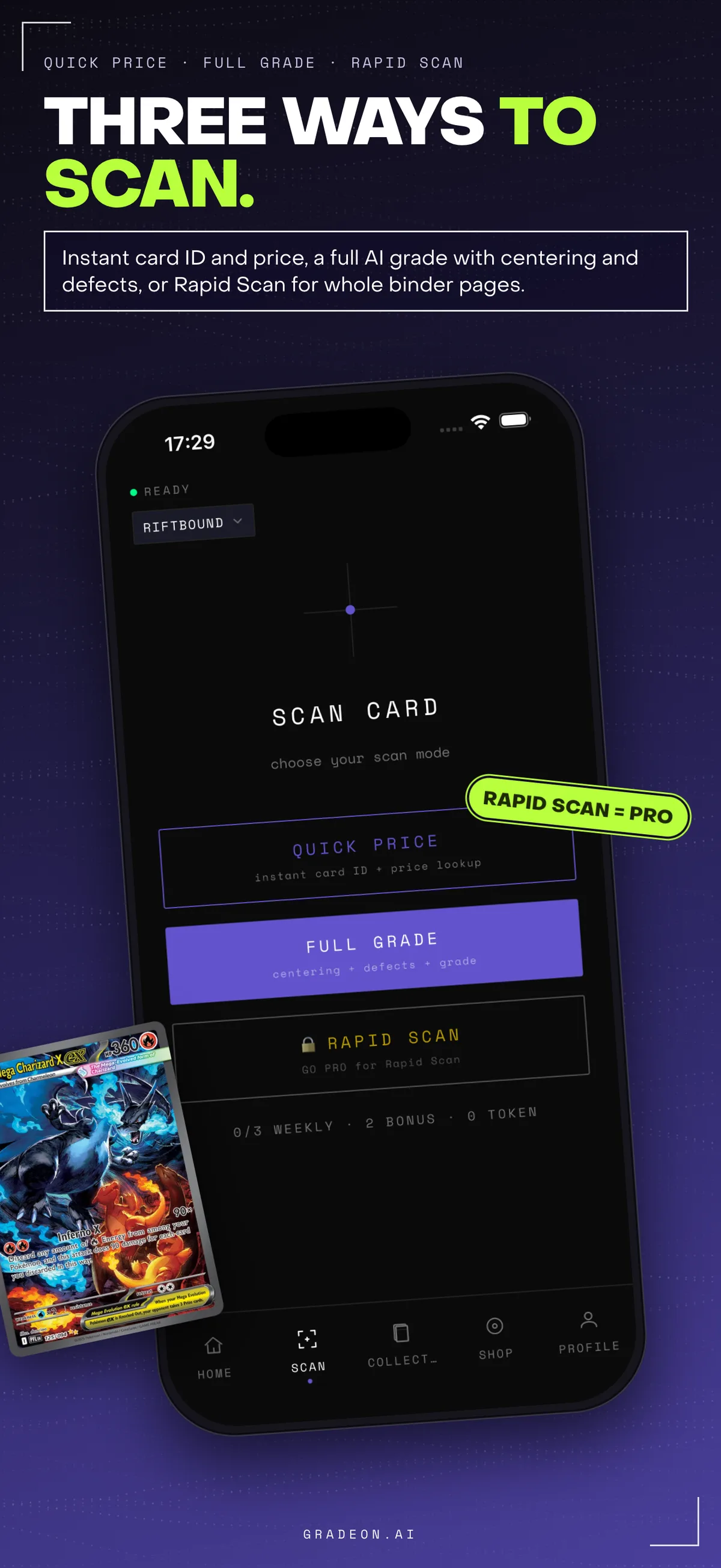 App Store screenshot of the scan screen with three modes: quick price, full grade and rapid scan.