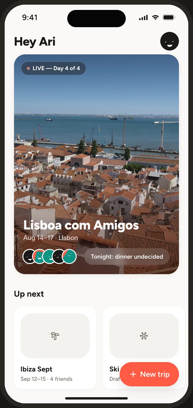 Prototype home screen with a live trip card for Lisboa com Amigos, five avatars and two upcoming trips.