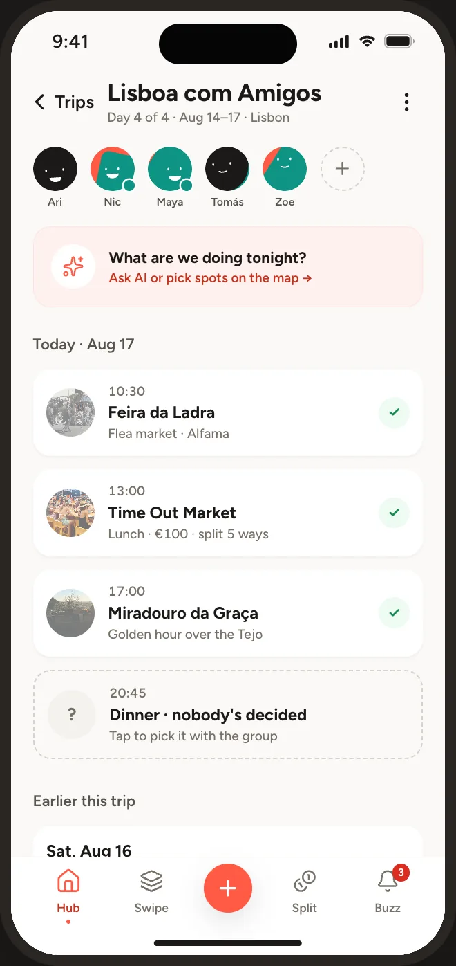 Trip plan for 17 August with three completed items and a dashed empty slot at 20:45.