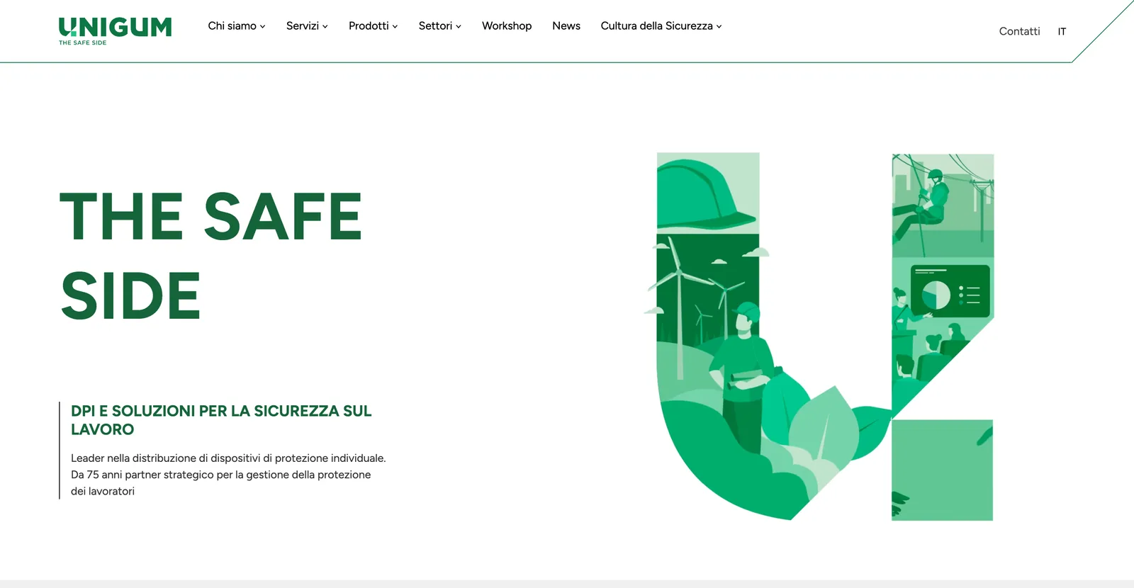 Unigum homepage at 1440px with the THE SAFE SIDE headline and an illustrated U built from work scenes.