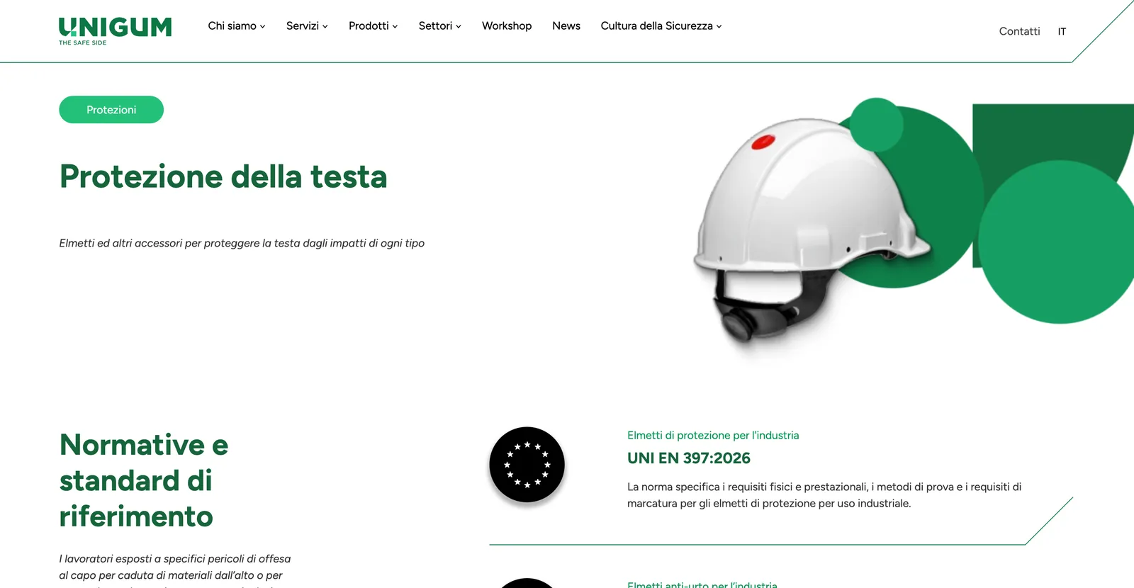 Head protection category page showing a helmet and the EN 397 standard listed under Normative e standard di riferimento.